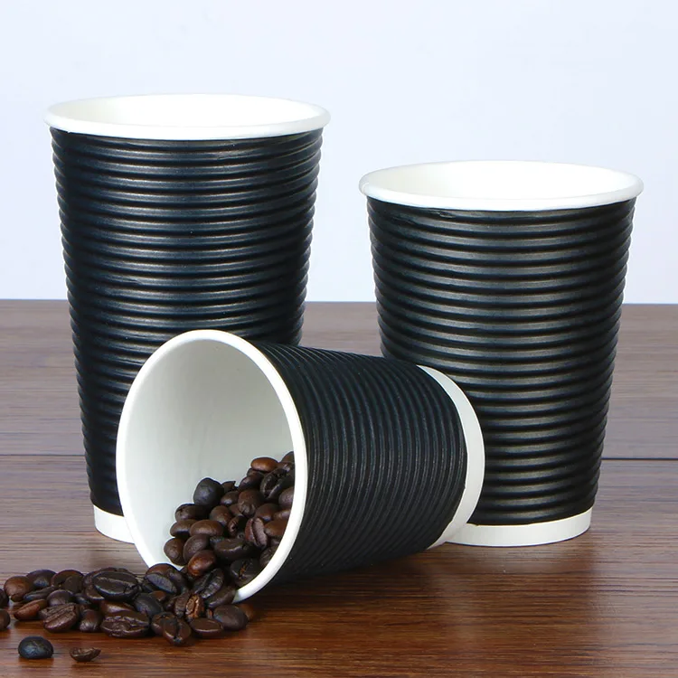 Food Grade Eco-friendly 8oz 12oz 16oz party Paper Cup Ripple Wall Disposable Red Black with Lids