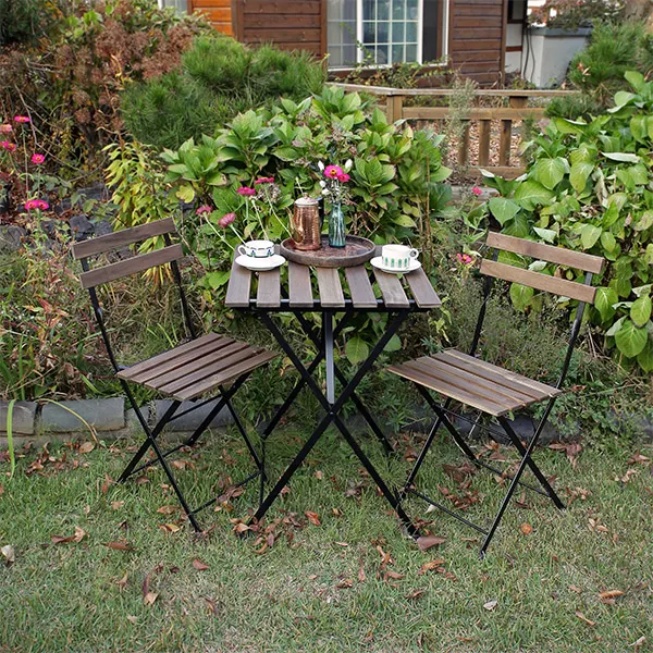outdoor garden use acacia wood top metal frame folding table and chair set with square or round shape
