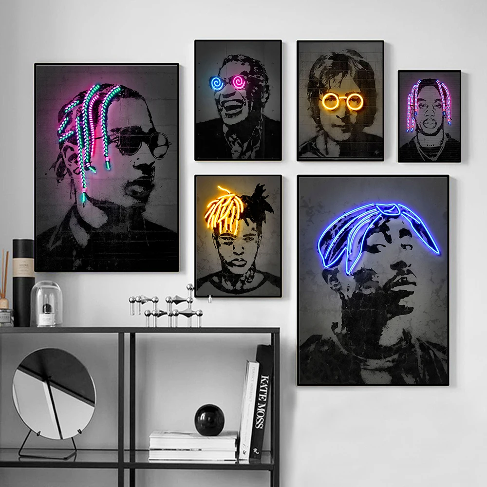 Modern Neon Street Graffiti Pictures Music Star Rap Hip Hop Rapper Canvas painting Famous Figure Wall Art