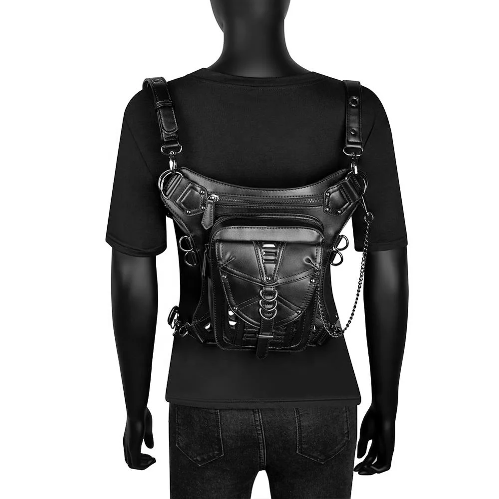 Steampunk Retro Shoulder Bag black Gothic Leather Backpack Women Motorcycling Waist Leg Bag