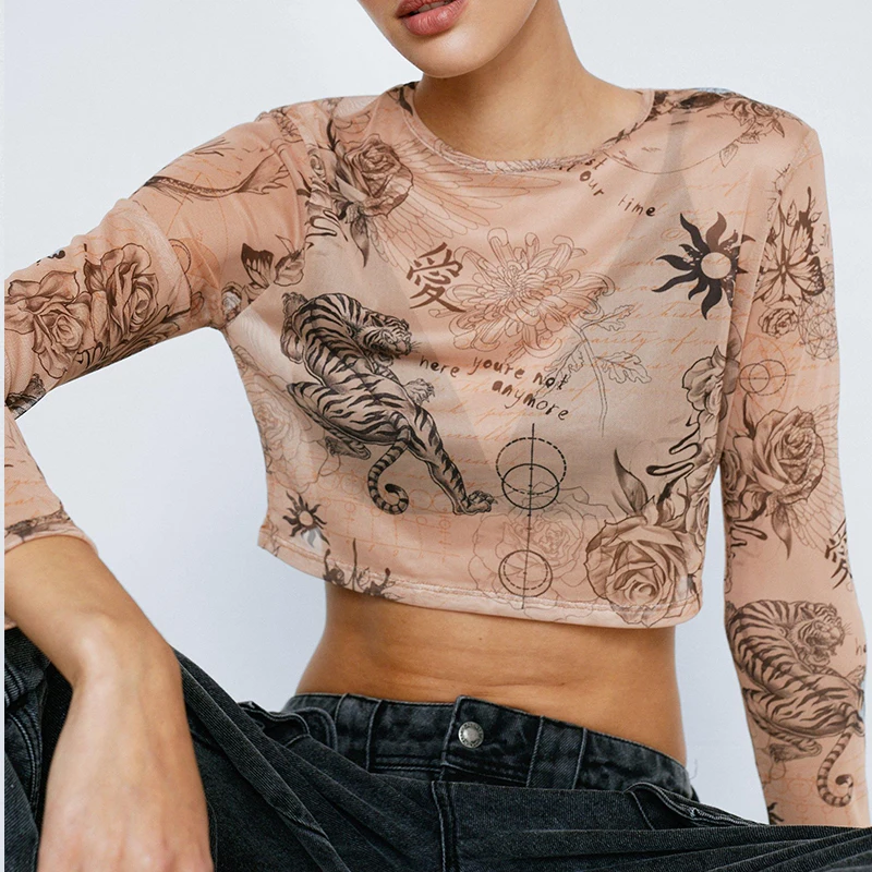 Fall Hot Sale 2022 OEM Custom Tattoo Print Women Sexy Y2K Lace Mesh Long Sleeve Crop Top