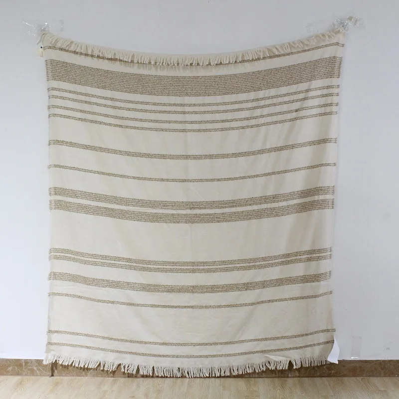 Boho cream stripped cotton throw cozy bed throws cotton camping blanket