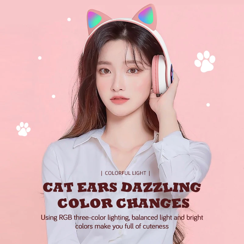 LED Flash Cute Cat Ears Wireless Headphone With Microphone Stereo BT Headset Support TF Card for Kids Girl Music Gift