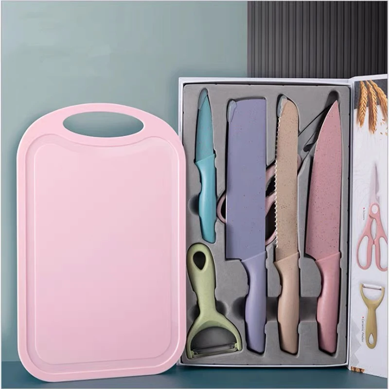 Hot sales colorful wheat straw Kitchen knives 6-Pieces Kit Stainless Steel fruit Knife Scissor Peeler Knife set with gift box