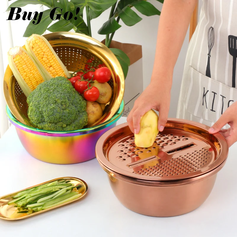 Multi Function Stainless Steel Food Storage Basket Kitchen Container with Colander and Grater Lid