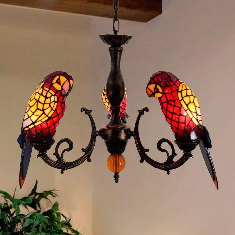 LongHuiJing Custom Made Retro Stained Glass Parrot Chandelier Lamps Villa Bar Restaurant Living Room Bird Light Pendant