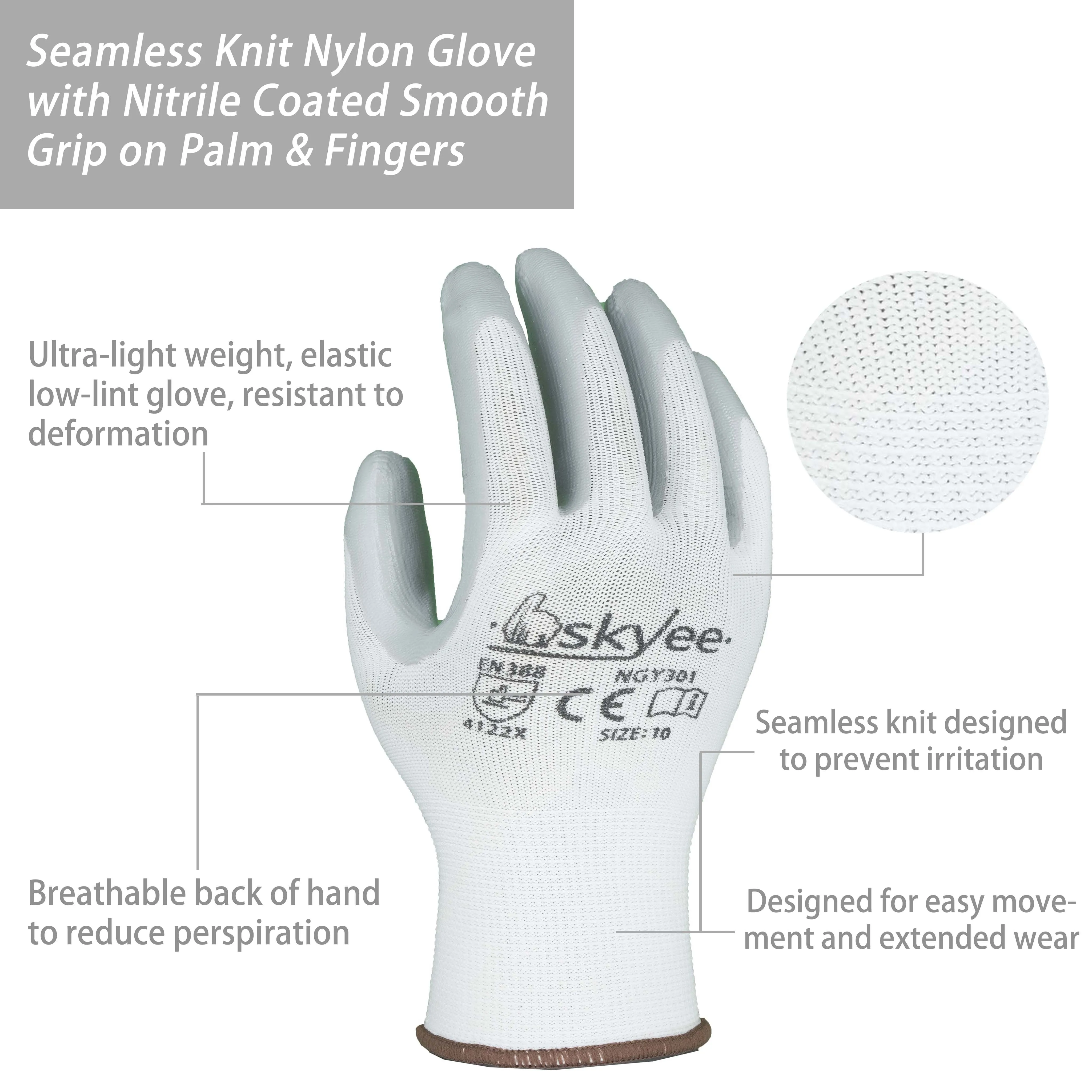 SKYEE Nitrile Coated Nylon Seamless Knit Anti Cut Breathable Warehouse Safety Work Gardening Gloves With Grip for Men & Women