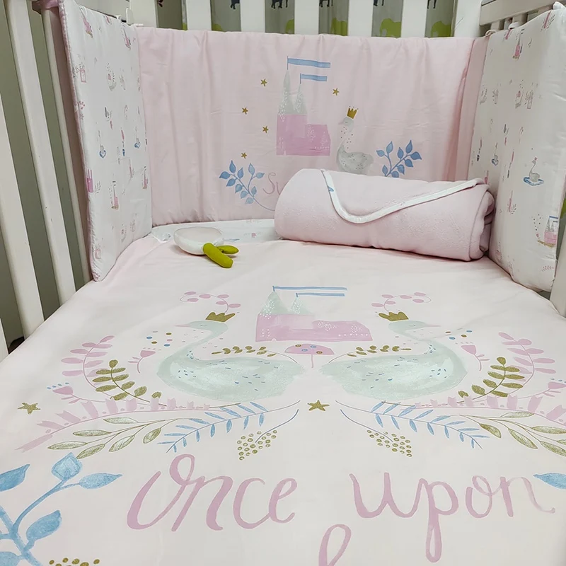 Pink Cartoon Moon Stars 100% Cotton Baby Crib Bedding Set For Girls