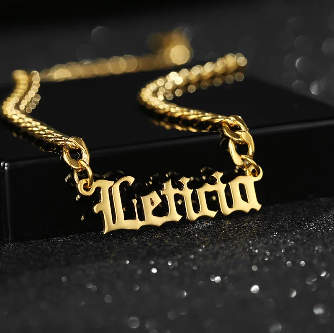 QIFEI Custom Personalized Ancient English Name Necklace Stainless Steel NK Cuban Chain Necklace