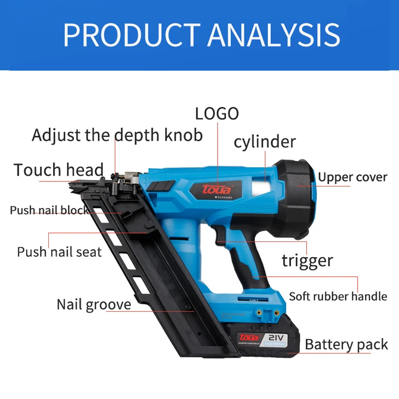 Toua DCFN3490 cordless nail gun woodworking tools furniture nailers staple machine