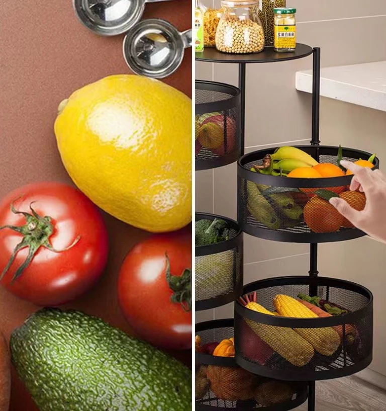 Carbon Steel round Rotatable fruit basket Kitchen Storage with Wheel  Holders & Racks