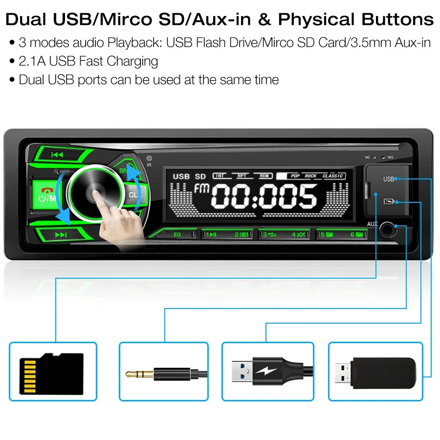 2024 New Design Hands Free FM Car MP3 Player Stereo Autoradio Car Radio Usb LCD Screen Display Dual USB Charger JMC Input 5.0