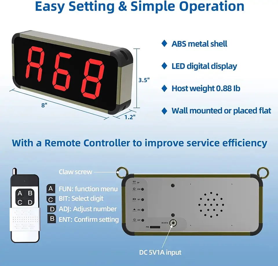 Queue Manage System 1 signal receiver show 3-digit number  1 Next Calling button Number Waiting Area for indicate customer