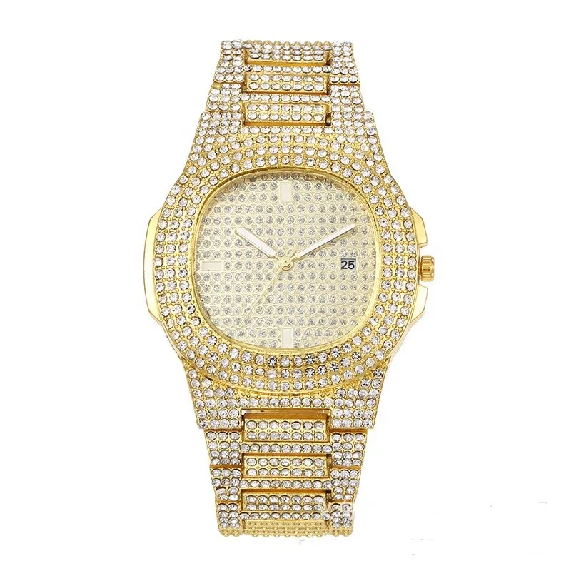 Hip Hop Mens Luxury Watches Design Iced Out Full Diamond Hiphop rapper bling gold dial bust down wristwatch