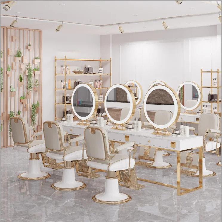 
Marble barber shop double-sided mirror hair salon studio dyeing table hair salon mirror table with light 