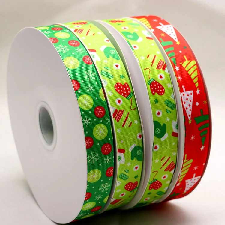 Factory custom printed logo satin ribbon ,1 inch merry christmas tree deco grosgrain ribbon roll for gift wrapping party holiday