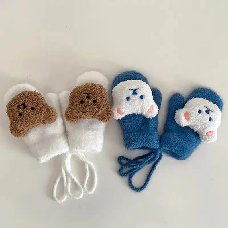 1-4Years Cartoon Bear Baby Mittens Winter Warm Kids Girl Gloves Knitted Toddler Thick Gloves