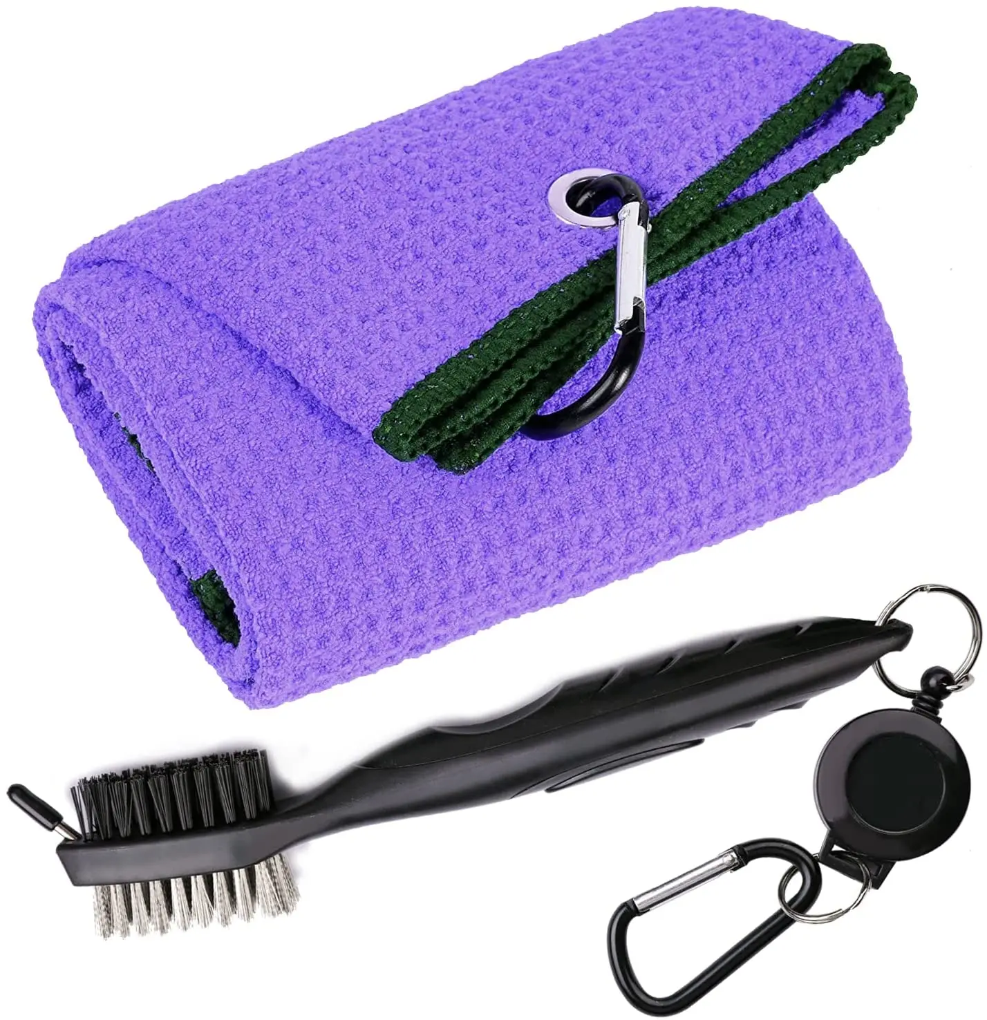 Amazon hotsell Microfiber waffle design removes dirt mud sand Tri-fold Golf Towel Brush Tool