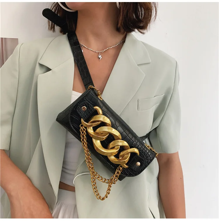 Small PU Leather Elegant Fanny Pack Belt Bag Purse fashion chest sling bag crocodile Thick chain waist belt bag for Women Travel
