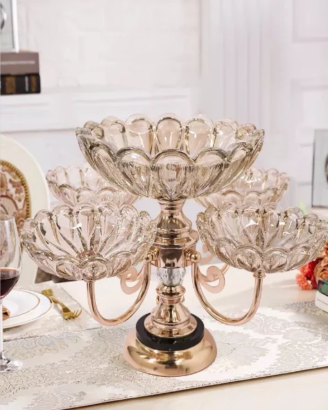 Classic Quality Luxury Creative Glass Dried Fruit Candy Plate 2-layer metal tray