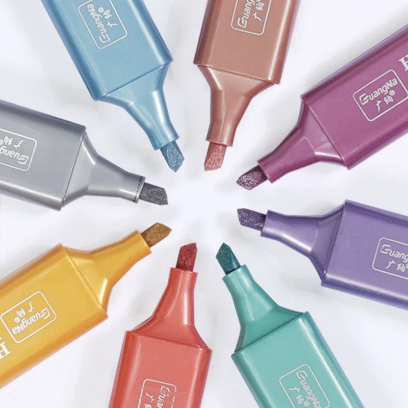 8pcs/Set Metallic Highlighter Morandi Gold Powder Glitter Highlighter Markers for Note Journaling Graffiti Pen Stationery