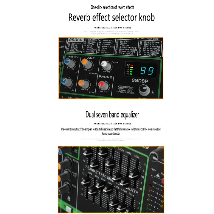 GAX-XS8 Professional Audio mixing console Video & Lighting 8 channels with USB MP3 player mixing console 99 DSP DJ audio console