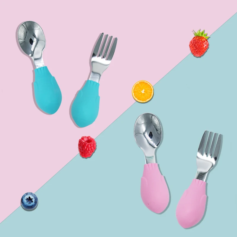 New product silicone baby fork and spoon eco-friendly feeing tableware for baby silicone fork and spoon