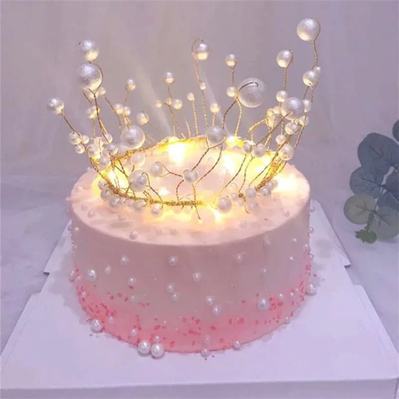 Metal Pearl Princess Crown Cake Topper Shiny Artificial Pearls Headdress Wedding Cake Decoration Birthday Topper Handmade