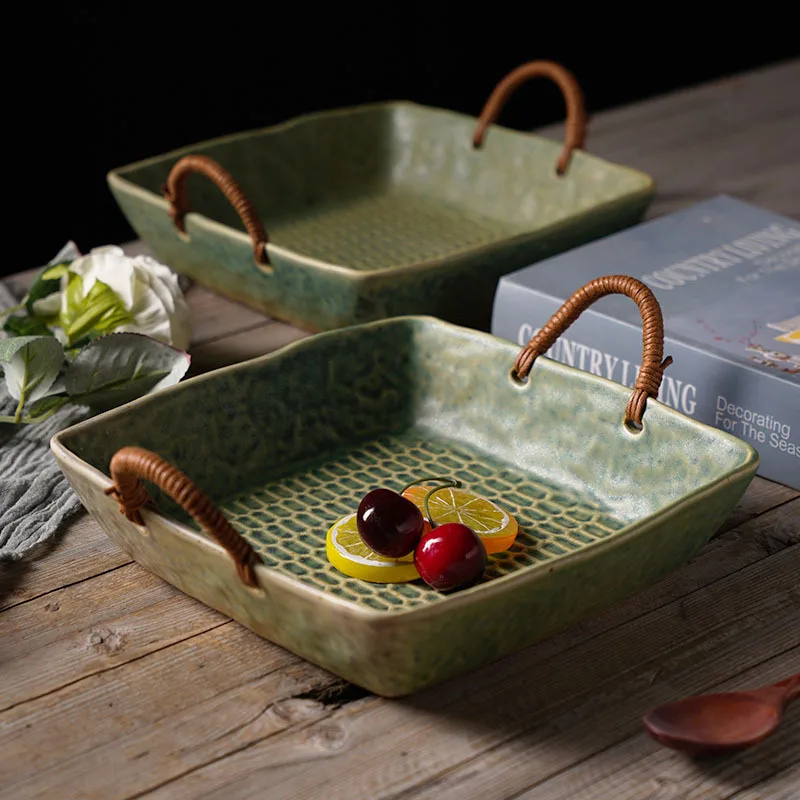 Double Ear Japanese Tableware Soup Ceramic Plate large square tray green vegetable fruit plate home wabi-sabi style tableware