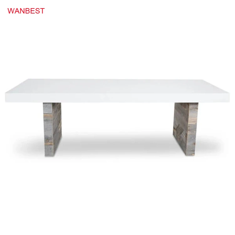 White Corian Solid Surface Stone Top and Wooden Base Modern Dinning Table