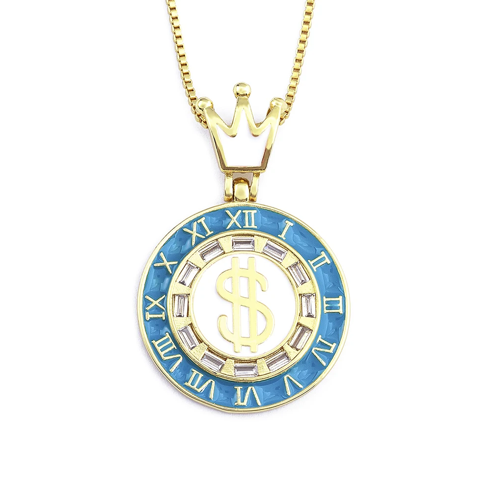 Punk Enamel Color Round Shape Dollar Symbol Long Necklace Fashion Rhinestone Neck Chain 18K Gold Plated Pendant Jewelry Gift