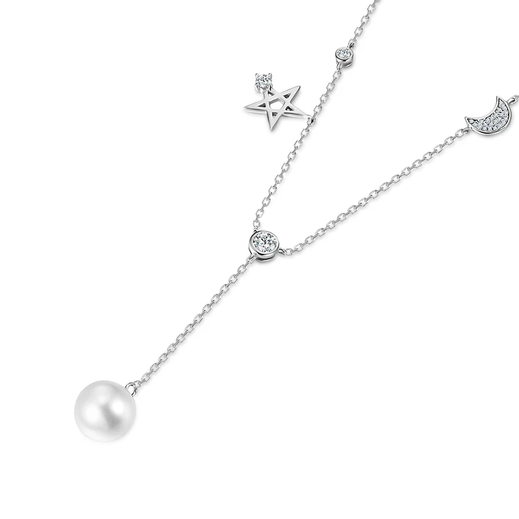 Classic Silver Jewelry Moon Star Charm Chain Women Shell Pearl Necklace Long Pearl Necklace