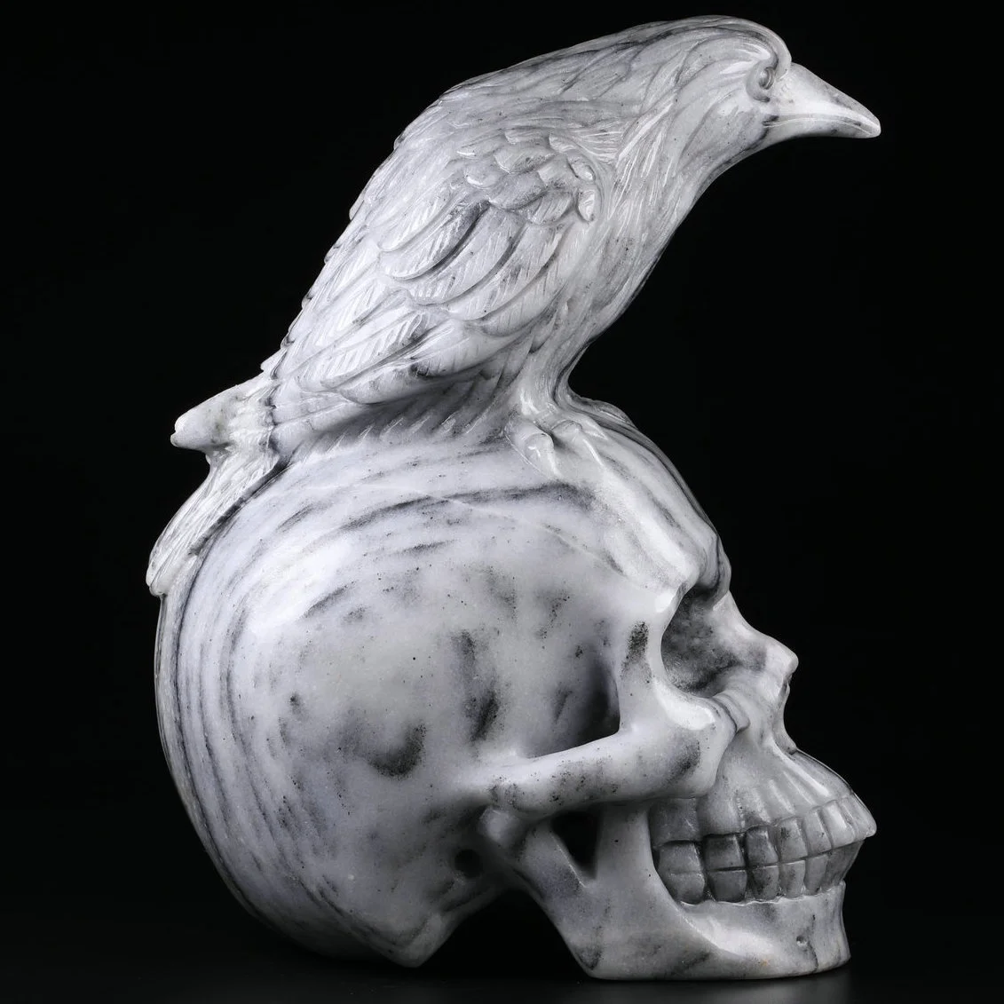 High quality customized hand carved crystal art sculpture folk crafts crystal raven skulls with dragon with crow