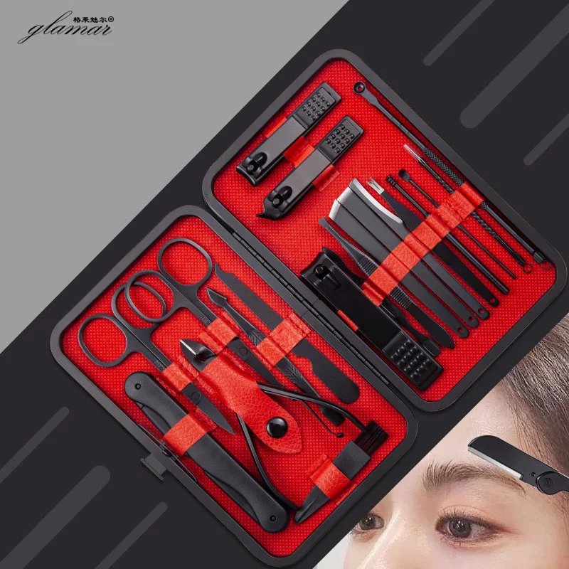 High Quality Luxury Black 18 pcs Manicure Set Stainless Steel Disposable Mens Manicure Set and Cutter nail Makeup Tool Sets