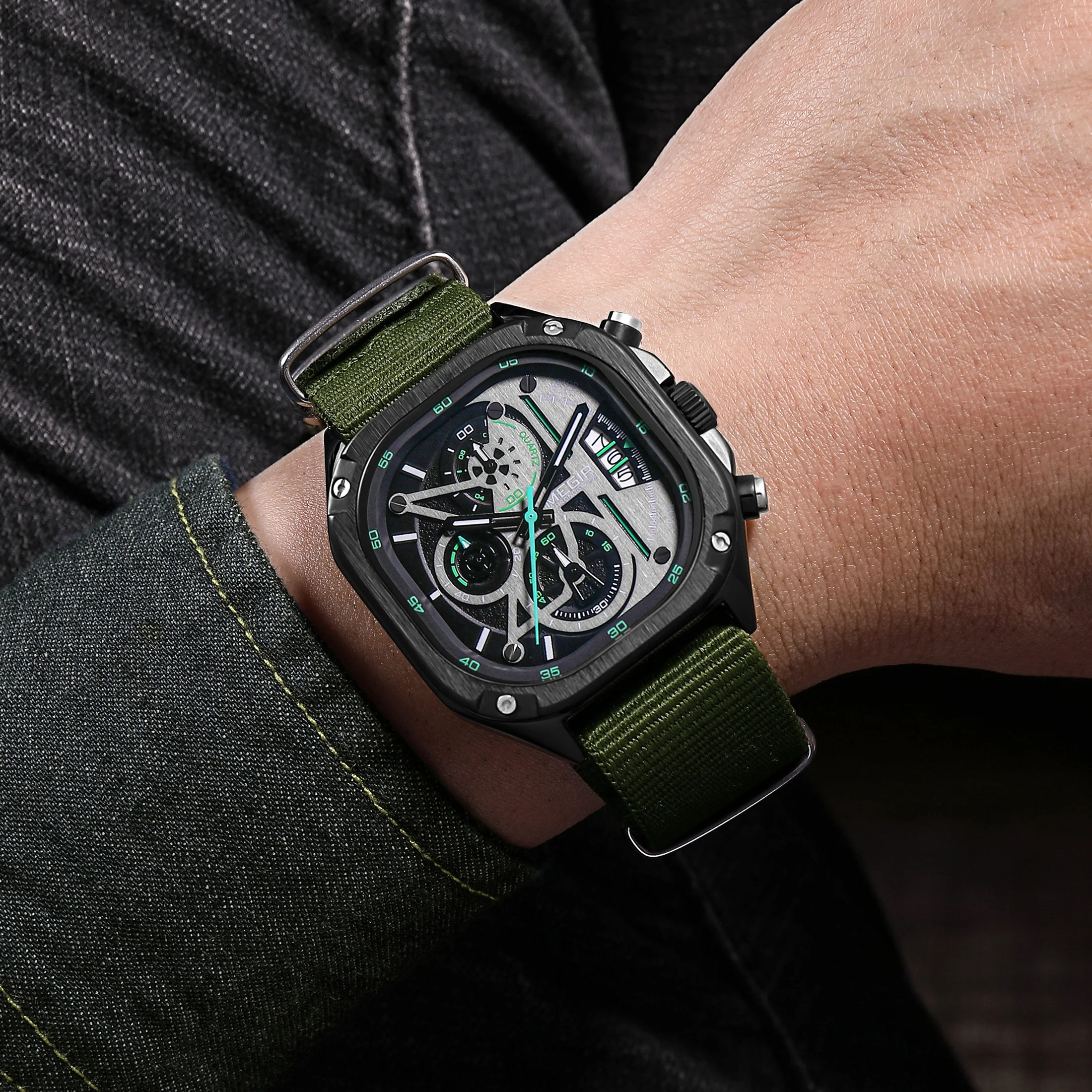 MEGIR 2217 Green Canvas Band Men Quartz Sports Watches Waterproof Man Clock Chronograph Luminous Hands Wristwatch for Men