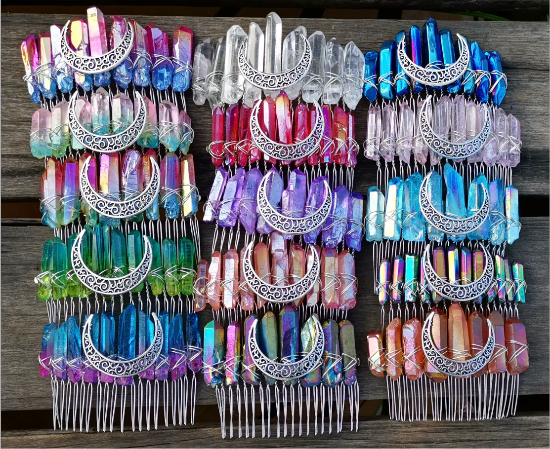 Wholesale Crystal Quartz Tiara witch moon DIY natural crystal rainbow sky blue bride silver wire 20 tooth hair comb