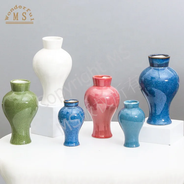 Luxury Antique Traditional Shiny Green and Blue Color Sandy Glazing Chinese Plum Vase Rose Flower Vase For Tabletop Homedecor