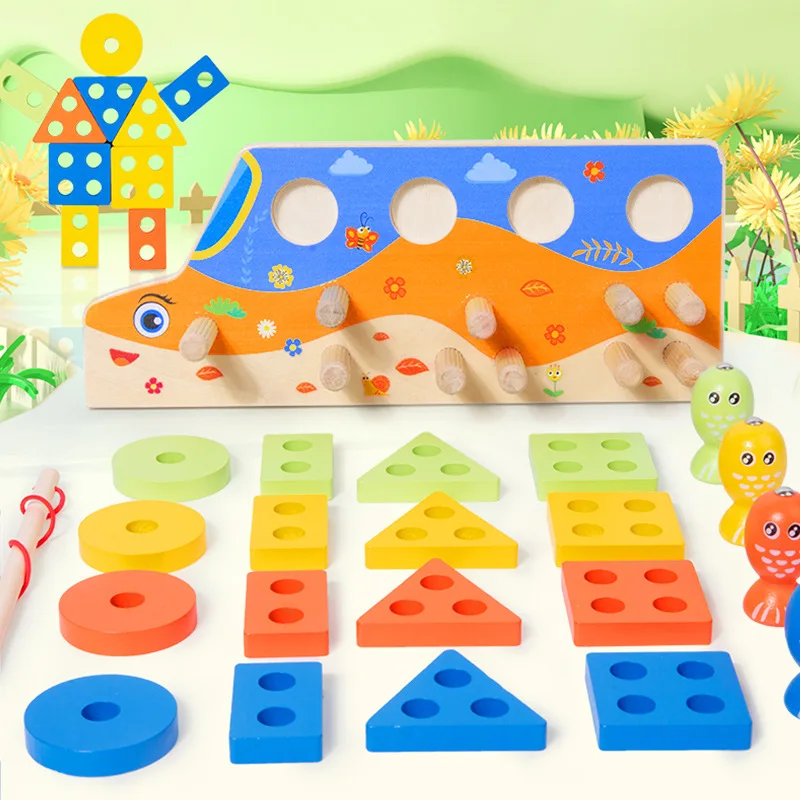 Early educational shape matching toy kids column game board wooden stacking blocks magnetic fish game for children
