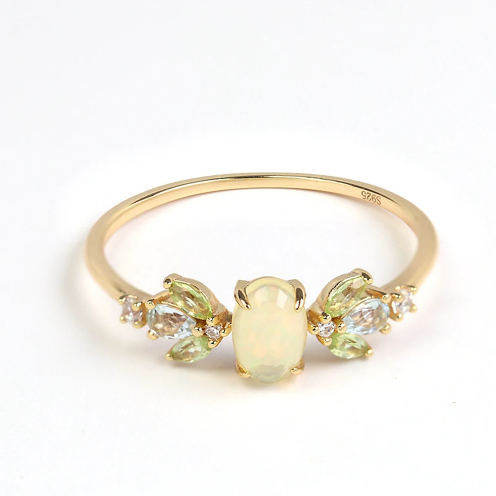 S925 Sterling Silver 14K Gold Plated Gemstone Raw African Opal Sky Blue Topa Topaz Ring Green Olives Rings With Gemstones 925