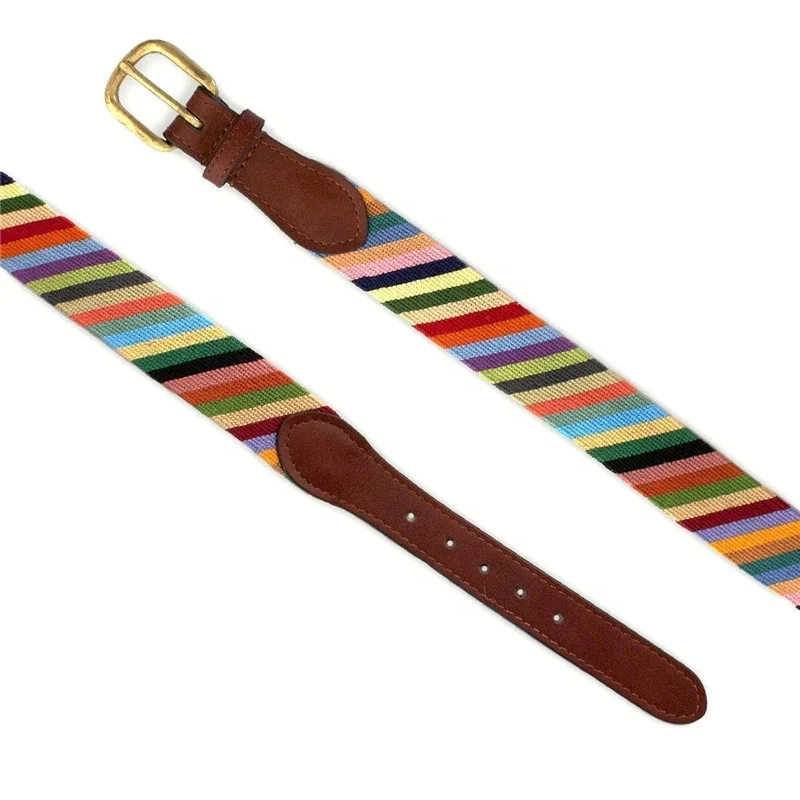 Fancy Parsons Stripe Ladies Cowhide Genuine Leather Needlepoint Belts