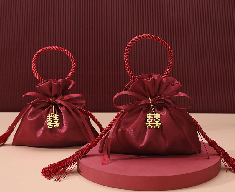 Wholesale Small Drawstring dark red Silk Satin Jewelry Pouch Bag for candy