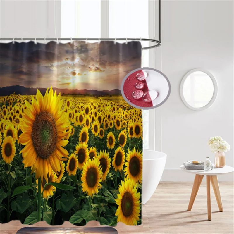 
4 Pcs Waterproof Sunflower Print Polyester Fabric Shower Curtain sets with 12 Hooks For Bathroom 