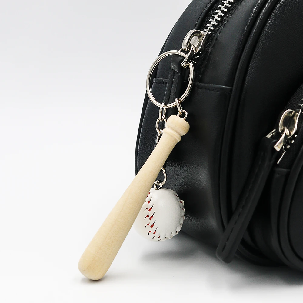 Leather Baseball Keychain with Wooden Bat Mini Baseball Keyring Sports Keychain for Team Baseball Bat