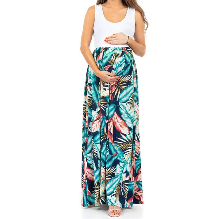 Loose fit soft sleeveless pregnant women floral maternity maxi dresses