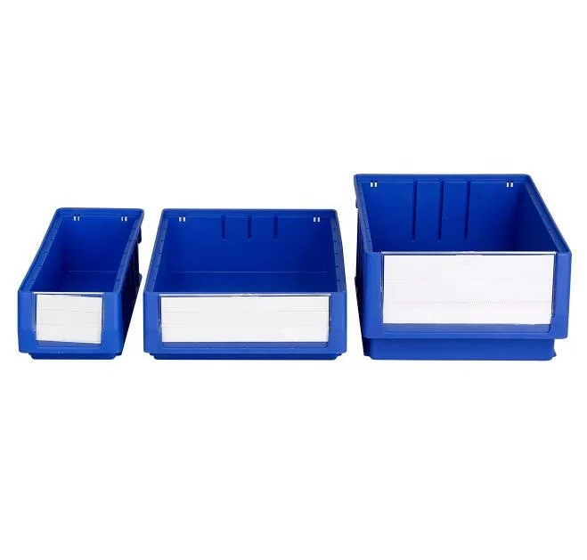 Plastic shelf storage bin with partations