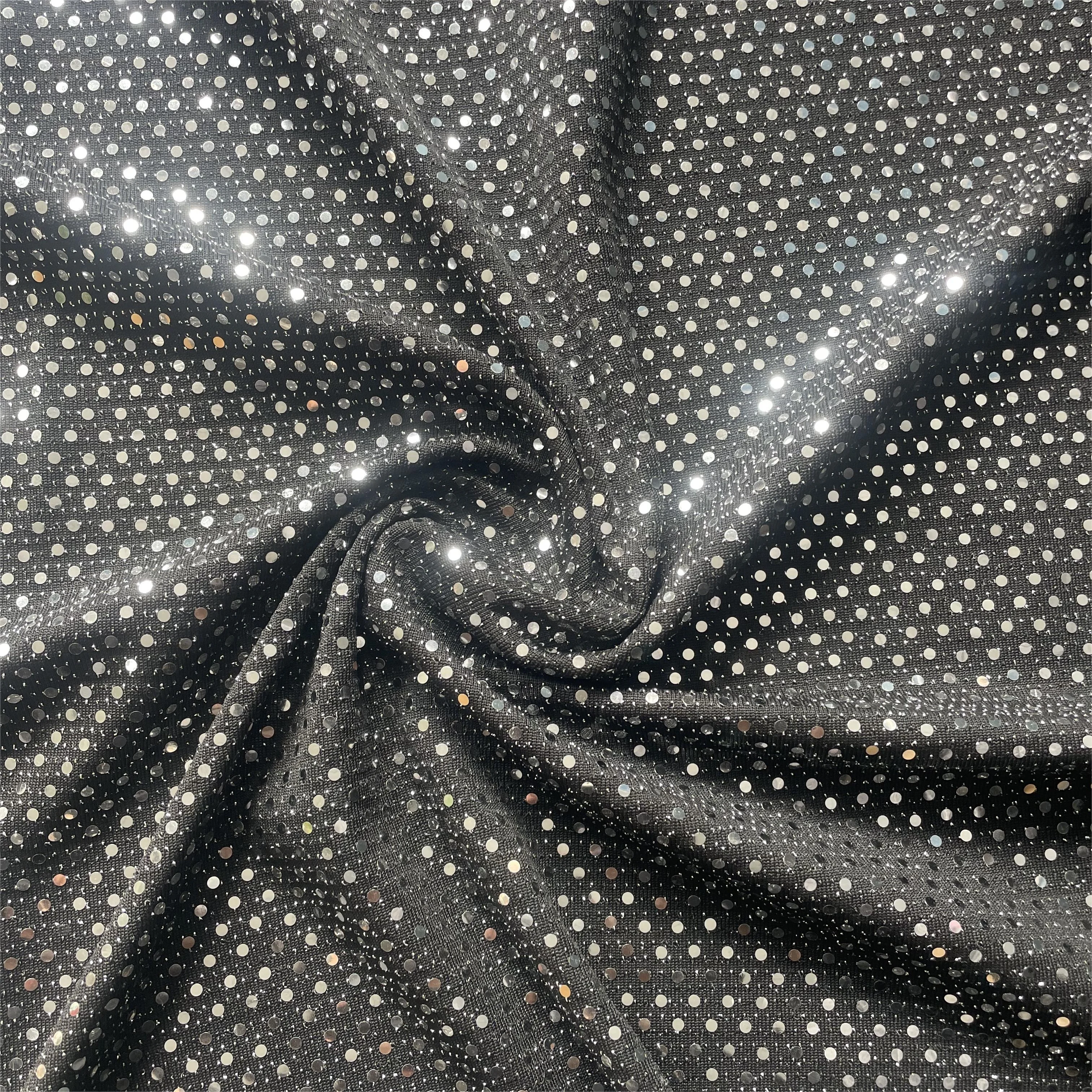 Fashion polyester wire sequins decal fabric dress flash stretch knit fabric laser polka dot perm women jacquard fabric
