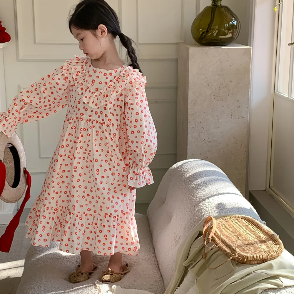 2024 New Toddler Children Girl Long Sleeved Orange Floral Print Ruffle Long Dresses 2-8 Years