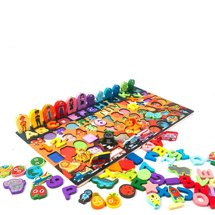 Ten-in-one pair number board multifunctional wooden magnetic fishing toy dinosaur traffic animal cognitive matching puzzle