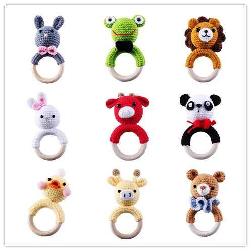 Wholesales Crochet Teether Baby Bracelets Wooden Teether Toys Baby Wooden Big Rabbit Teether Ring Customized