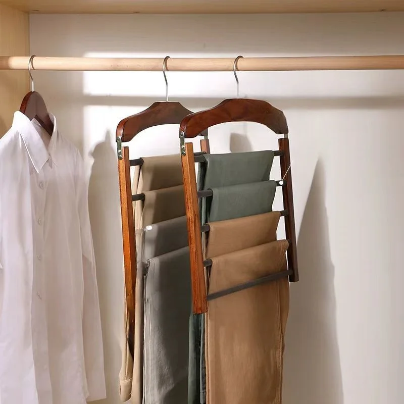Solid Wood Pants Rack Foldable Metal Frame Multi-Layer Household Dedicated Clothes Hanging Flocking Hanging Pants